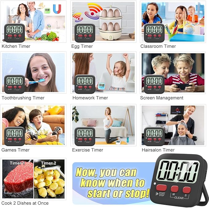 Antonki 2 Pack Digital Timer for Kids, Magnetic Countdown Kitchen Timers for Cooking, Egg, Classroom, Teacher, Exercise, Study, Oven - Battery Included