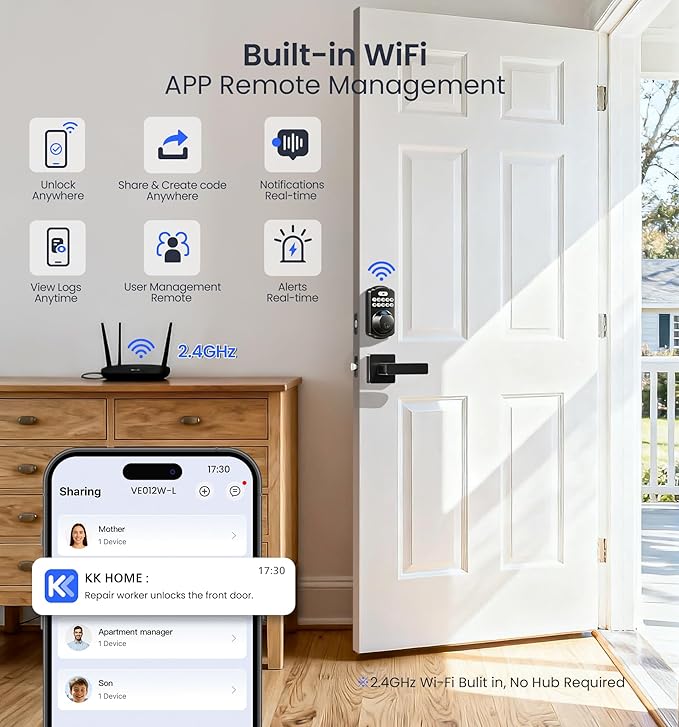 Veise VE012W-L Built-in WiFi Fingerprint Smart Lock with Lever Handle Set, App Remote Control, Keyless Entry for Front Door, Deadbolt Digital Backlit Keypad, Voice Assistant, Auto Lock, Matte Black