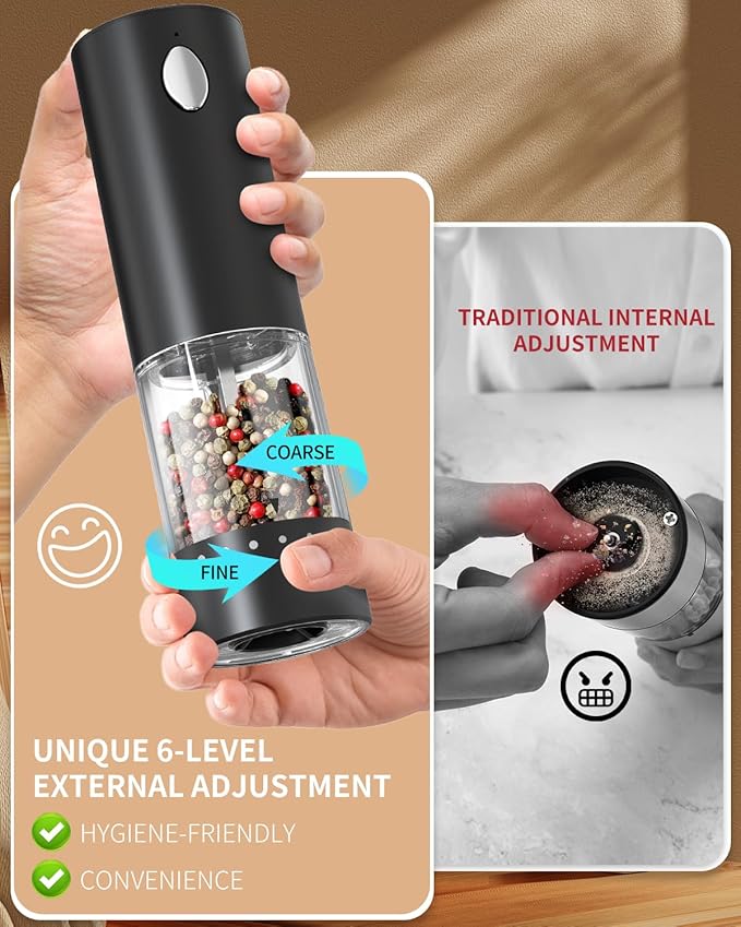 CIRCLE JOY Electric Salt and Pepper Grinder Set Automatic Salt and Pepper Grinder Set with Easy-to-Carry Charging Base and LED Light, USB Rechargeable, Upgrade External Adjustable Coarseness