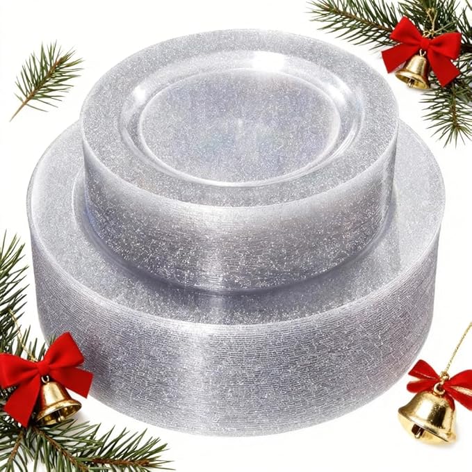 WDF 120PCS Silver Plastic Plates- Disposable Silver Glitter Plates, Premium Heavy Duty 60-10.25" Dinner Plates and 60-7.5" Salad Plates for Christmas Parties &Wedding
