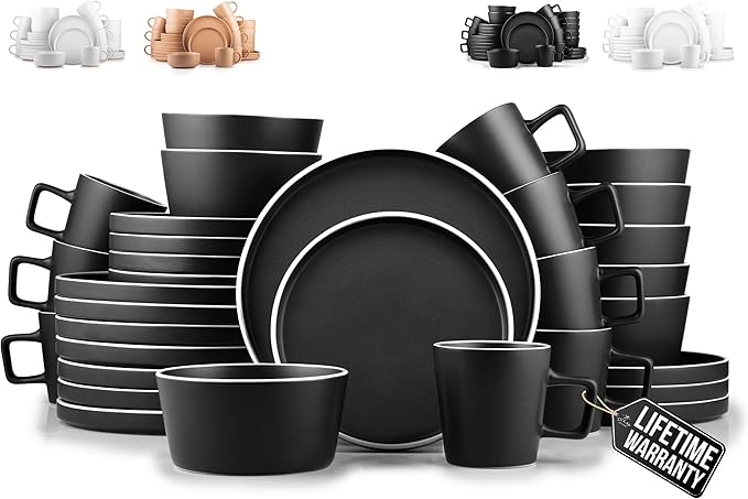 Zulay Kitchen Terra Stoneware 32-Piece Dinnerware Set, Artisanal Ceramic Plates and Bowls Set Crafted at 2300℉ - Service for 8, Black Matte with White Rim