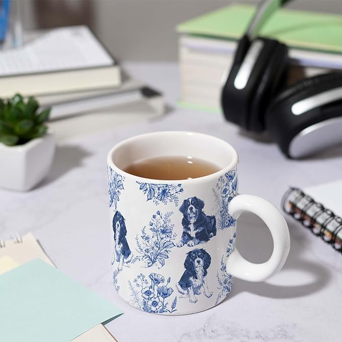 Cavalier King Charles Spaniel with Bernise Mountain Dog Blue French Toile Coffee Mug, Cavalier & Bernise Lover Gifts for Women, Blue Toile Coffee Cup, Birthday Gifts for Dogs Mom, Dog Dad, 11 oz