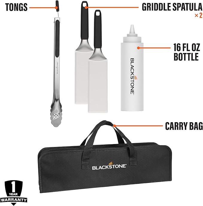 Blackstone 5481 Tabletop 5 Piece Griddle Tool Kit- Outdoor Indoor Grill BBQ Utensils, 2 Stainless Steel Spatulas, 1 Classic Tong, 16Oz Squeeze Bottle, 1 Portable Carry Bag, Black, Silver, White