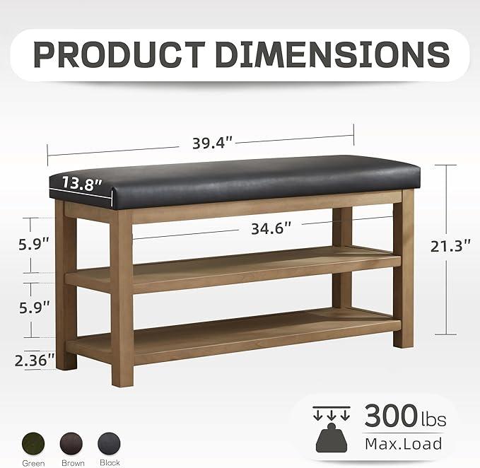 Shoe Rack Bench with Leather Cushion, 2 Tier Solid Wood Storage Bench, Mid-Century Modern Shoe Bench for Entryway, Hallway, Closet, Front Door Entrance, Foyer (Black, 39.4")