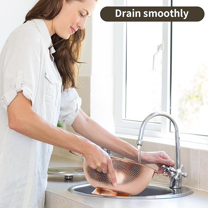 Colander 3-Quart with Handle, Food Metal Strainer for Kitchen Sink, Pasta Pot for Noodles Vegetables and Fruits, Stainless Steel, Rose Gold