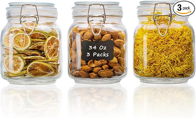 34oz Square Glass Food Storage Jars with Airtight Clamp Lids, 3 Pack Large Kitchen Canisters for Flour, Cereal, Coffee, Pasta and Canning, Mason Jar (Clear 34oz Square - 3 sets)