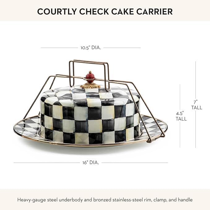 MACKENZIE-CHILDS Enamel Cake Carrier, Cake-Dish Serving Platter with Lid and Handles, Black-and-White Courtly Check