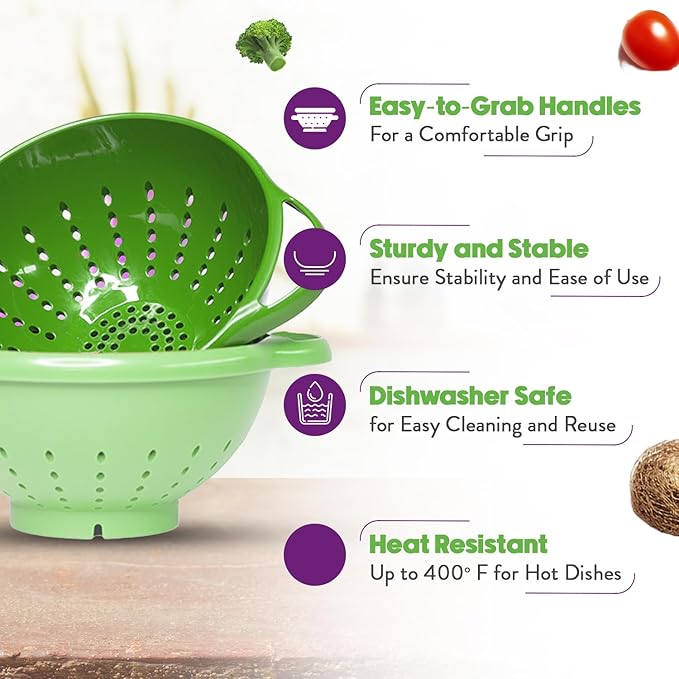 Crisp 2-Piece Mini Colander Berry Baskets With Handles - Food Strainers For Kitchen - Small Colander For Berries, Strawberry & Grape - Dishwasher Safe Berry Strainer - Made in the USA - Bright Green