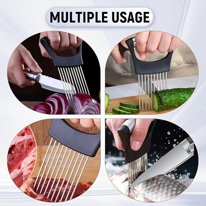Stainless Steel Onion Holder for Slicing with A Garlic Peeler, Onion Slicer Holder, nion Cutter for Slicing of Onions, Tomatoes, Avocados, Eggs and Other Vegetables, KItchen Utensils