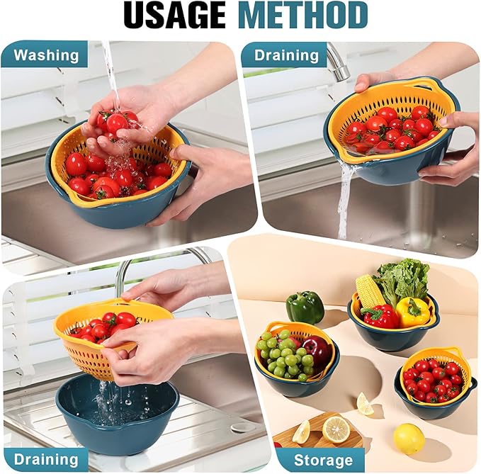 6 Pieces Colander with bowl, Food Strainer for Pasta Veggies and Fruits, BPA Free, Dishwasher Safe (blue)