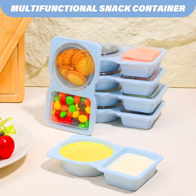 Double Compartment Snack Containers with Lids, 2 Compartment Condiment Container, Plastic Disposable Snack Pack Containers for Sauce, Salad, Food Storage Box(20PCS-Blue)