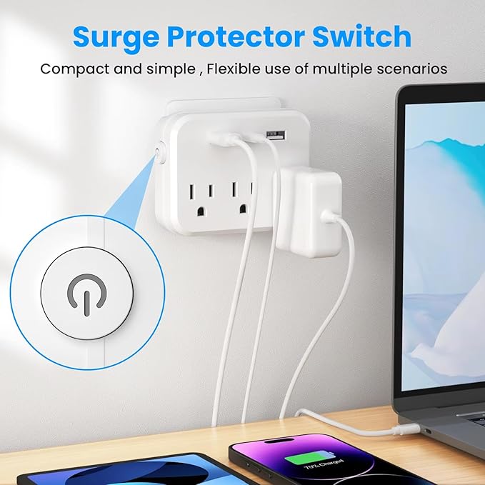 Switch with Surge Protector Mini Portable Power Strip 6-in-1 Multifunctional 3 Power Strip 2 USB Ports 1 Type-C Christmas Daily Use Item Pack of 1 White
