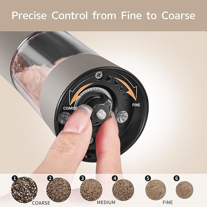 Gravity Electric Salt and Pepper Grinder Set – Rechargeable Pepper Mill with USB-C Charging Base, Dual LED Light, Automatic One-Handed Mill for Kitchen & Cooking, Cream Brown Design, 2 Pack