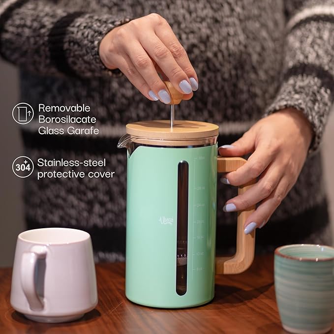French Press 34 oz Coffee Maker, Mint Green Thick Borosilicate Glass, Bamboo Handle, 2-Layer Stainless Filter and cover, Easy Clean, Eco-Friendly Gift ready Set
