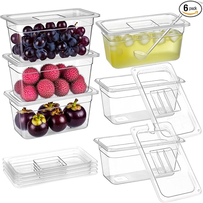6 Pack Plastic Food Pans with Lids, 1/3 Size 6'' Deep Clear Commercial Stackable Polycarbonate Pans Hotel Food Storage Pan with 1 Pcs Spoon for Fruits Vegetables