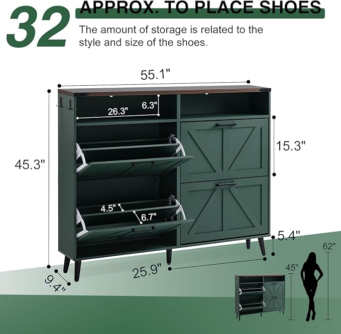 Shoe Storage Cabinet,Farmhouse Shoes Organizer with 4 Flip Drawers & Barn Door Design,Freestanding Hidden Slim Narrow Shoe Rack Cabinet with Open Storage for Entryway, Foyer,Hallway,Green