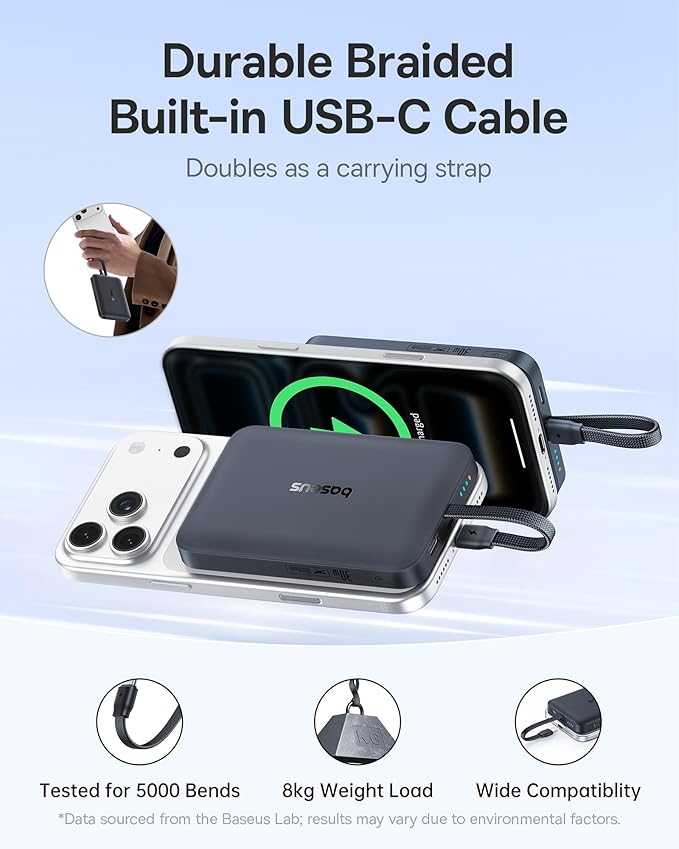 Baseus Magsafe Power Bank, 10,000mAh 30W Magnetic Portable Charger, Fast Charging Wireless Battery Pack with Built-in Braided USB-C Cable for iPhone 17 Pro Max/Air/16/15/14/13, AirPods, iPad and More