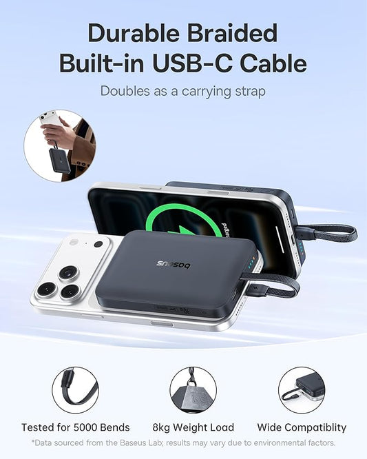 Baseus Magsafe Power Bank, 10,000mAh 30W Magnetic Portable Charger, Fast Charging Wireless Battery Pack with Built-in Braided USB-C Cable for iPhone 17 Pro Max/Air/16/15/14/13, AirPods, iPad and More