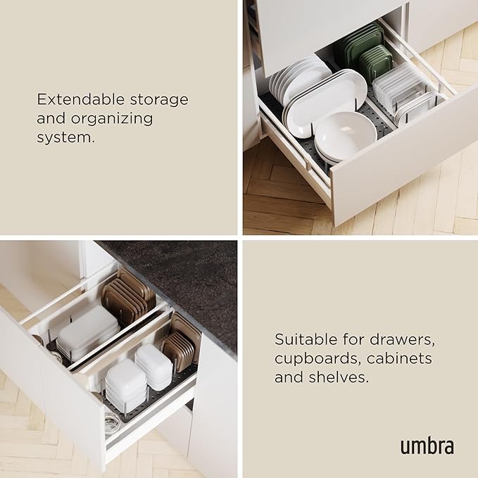 Umbra Peggy Kitchen Cupboard, Shelf and Drawer Organizer Tray - Adjustable Storage System for Food Containers, Cookware, Serveware, Utensils and More (Set of 2)