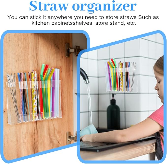 9.8" Large Acrylic Straw Holder for Cabinet Door with Ultra Sticky Double Sided Adhesive Tape, Reusable Straws Organizer, Transparent Storage Dispenser for Kitchen Counter Cupboard (2 Pcs)