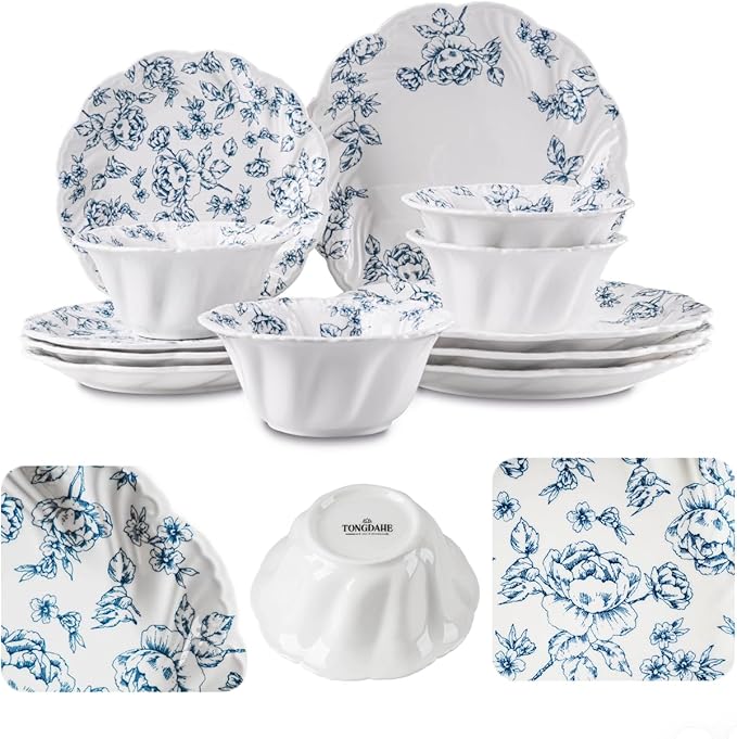 Ceramic Dinnerware Set 12-Piece Scalloped Edge Dish Set for 4 Vintage Blue Floral Elegant Kitchen Dinner Plates Bowls for Daily Use & Party Microwave & Dishwasher Safe (Blue)