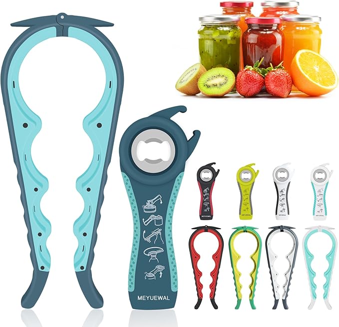 Jar Opener, 5 in 1 Multi Function Can Opener Bottle Opener Kit with Silicone Handle Easy to Use for Children, Elderly and Arthritis Sufferers (New blue)