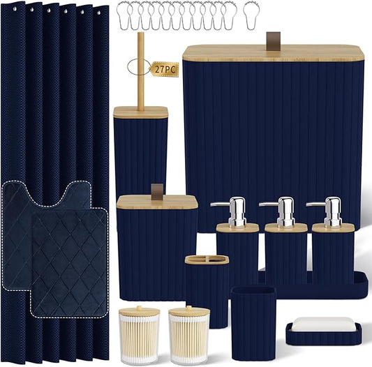 Bathroom Accessory Set - Navy Blue Bathroom Set, 27PC Bathroom Accessories Set, Bathroom Sets with Shower Curtain and Rugs, Mini Trash Can, Toilet Brush, Trash Can & Soap Dispenser