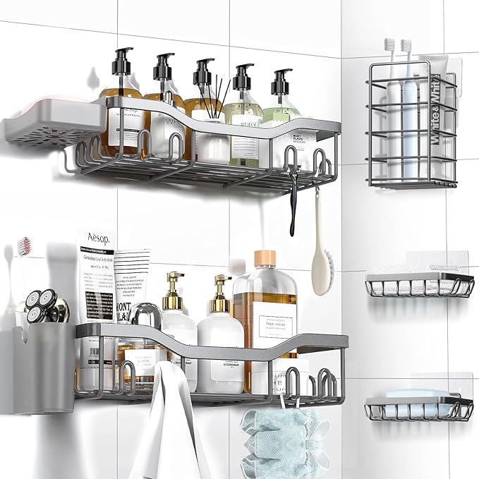 Shower Caddy Adhesive Shower Organizer 7-Pack, Rustproof Stainless Steel Bathroom Shelves, Large Capacity No-Drill Rack Storage Accessories with Soap Dish Toothbrush Holder Hooks (Gray)