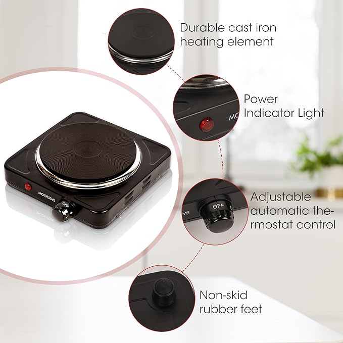 Countertop Single Cast Iron Burner 1000 Watts Electric Hot Plate with Adjustable Temperature 6.1" Cooktop for Dorm, Office, Home, Camp, Compatible for All Cookwares