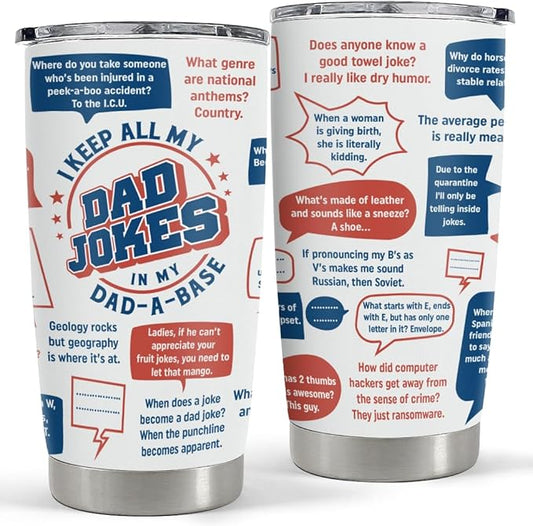 SANDJEST Dad Jokes Insulated Tumbler with Lid - 20oz Stainless Steel Mug for Father - Funny Coffee Cup for Travel Sport Office, Gift for Birthday Father’s Day