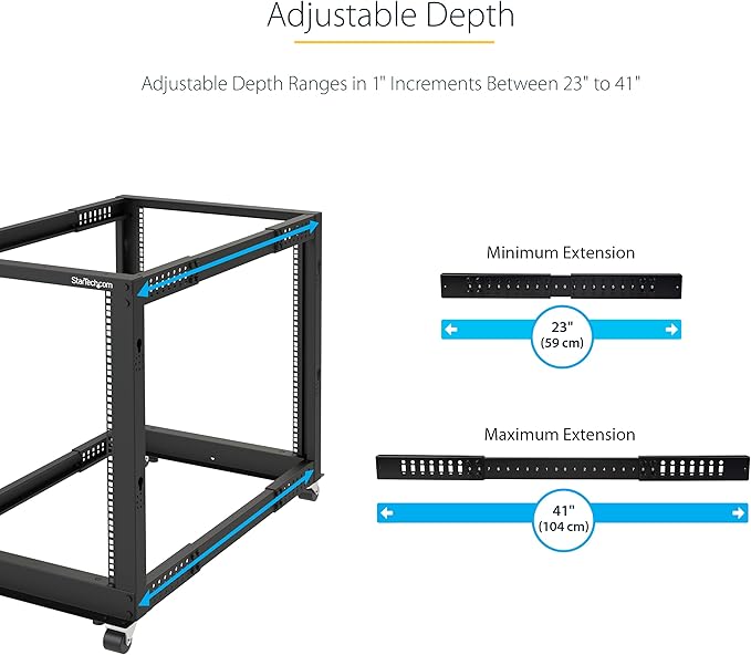 StarTech.com 4-Post 18U Mobile Open Frame Server Rack, 19in Network Rack with Wheels, Rolling Rack for Computer/AV/Data/IT Equipment - Casters, Leveling Feet or Floor Mounting (4POSTRACK18U)
