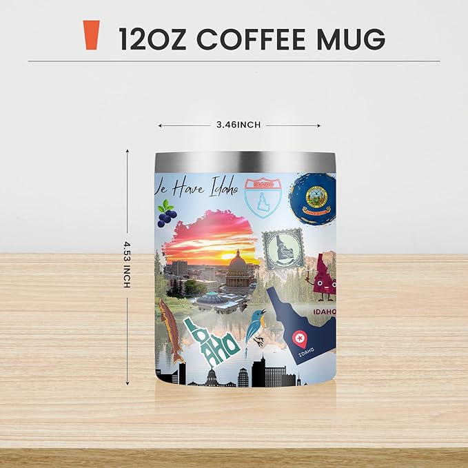 12oz Coffee Mug Idaho State Insulated Coffee Cups, United States Map Travel Mug Landmark, Birthday Gifts Cute Mugs with Lid and Straw Mothers Day Gifts