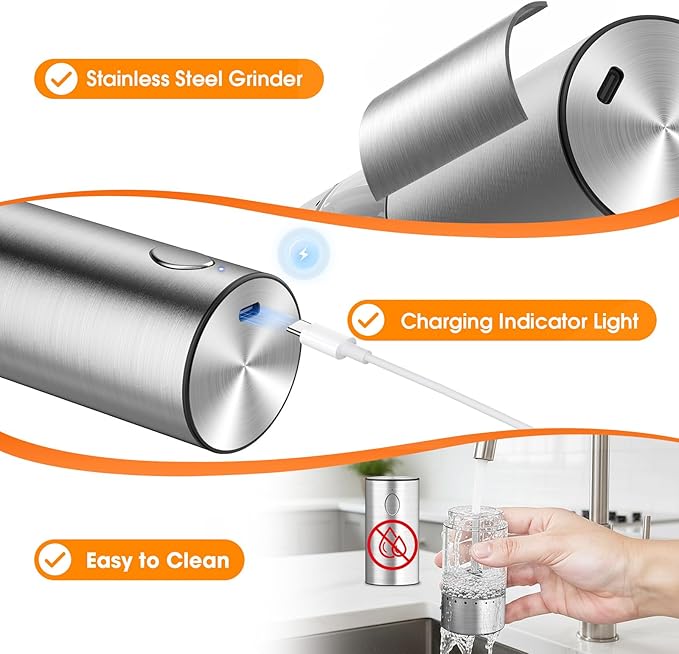 WOWBOX Electric Salt and Pepper Grinder Set 2 PCS, Stainless Steel Automatic Coarseness, Rechargeable Salt and Pepper Shakers, 95 L Large Capacity Multifunctional Pepper Mill, for Kitchen