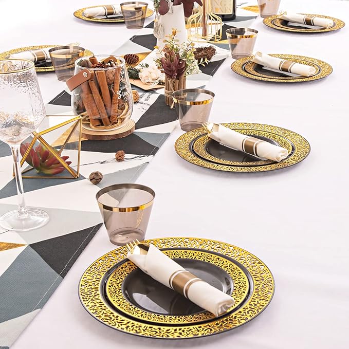 NOCCUR 210pcs Black and Gold Dinnerware Set - Black Disposable Plates and Napkins Party Supplies Include 60 Dinner/Dessert Plates, 30 Prerolled Plastic Cutlery&30 Cups for Party/Birthday/New Year