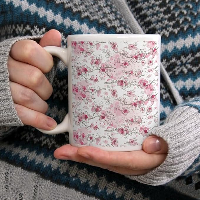 Coffee Mugs Ceramic Latte Mug with Handle Almond Blossom Pattern 11 OZ for Men Women for Latte Cappuccino Cocoa Milk Dishwasher & Microwave Safe