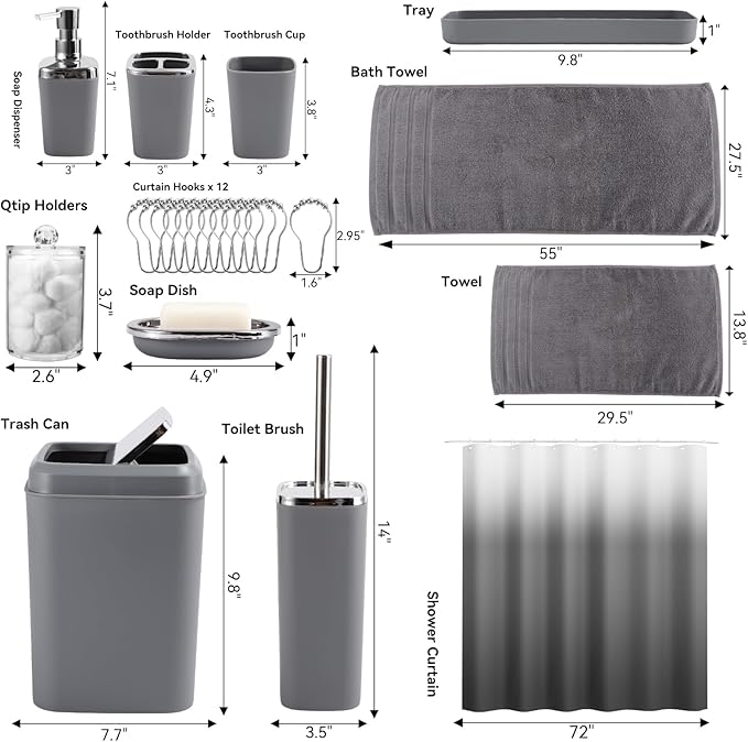 Grey Bathroom Accessories, 24 Pieces Grey Bathroom Accessories Set with Shower Curtain, Bath Towels, Trash Can, Soap Dispenser and Soap Dish for Bathroom/Housewarming