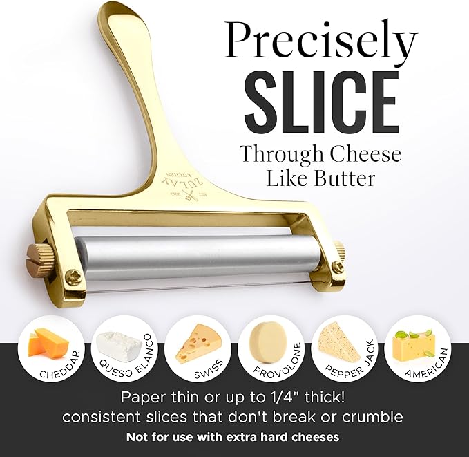 Zulay Kitchen Cheese Slicer With Adjustable Thickness – Heavy Duty Block Slicer with 2 Extra Wires – Ideal for Mozzarella, Cheddar, Gouda - Gold