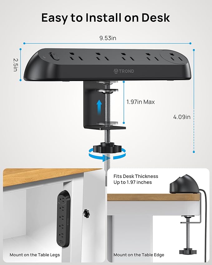 TROND Desk Clamp Power Strip - Flat Plug 10ft Extension Cord, Surge Protector with 5 AC Outlets, 1700J Surge Protection, ETL Listed, Fits 1.97 inch Tabletop Edge, for Home Office, Black