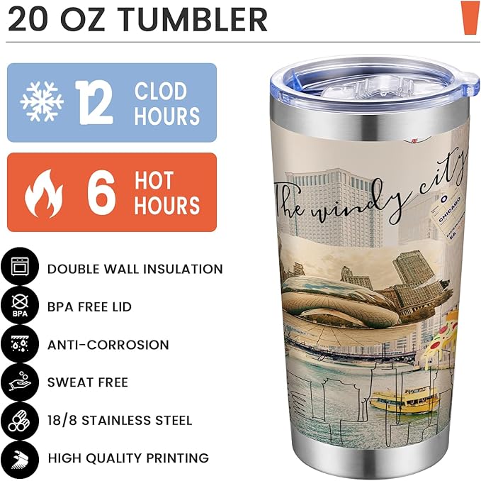 20oz Insulated Tumbler Chicago City Coffee Mug, United States Map Travel Mug Landmark, Birthday Gifts Cute Custom Tumbler Cups with Lid and Straw Gifts for Mom