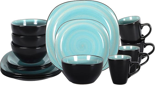Stoneware Square 16pc Dinnerware Set, Inside Spinwaseh Swirl Turquoise + Outside Black