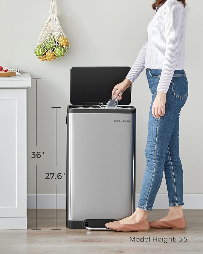 SONGMICS Trash Can, 12-Gallon Pedal Garbage Can, Stainless Steel Step Bin, Plastic Inner Bucket and Lid, Soft Closure, Fingerprint Proof, for Kitchen, Living Room, Silver ULTB007E01