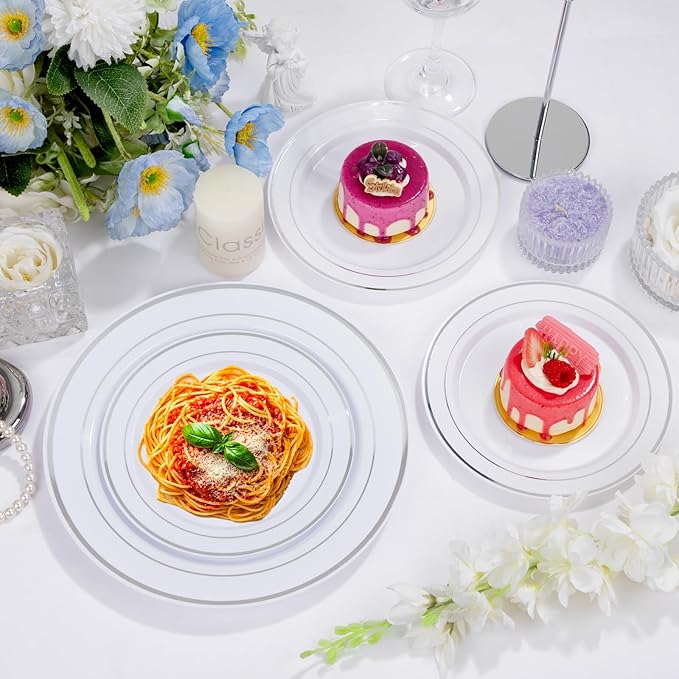 Supernal 102pcs White and Silver Plastic Plates Disaposable Party Plates White Silver Rim Heavy Duty Fancy Silver Plastic Dinnerware Set included 51 Dinner & Dessert Plates for Birthday and Wedding