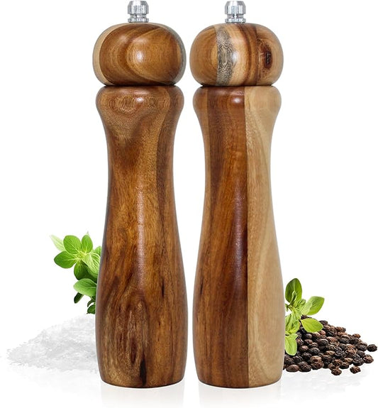 Acacia Light Wood Pepper and Salt Mill Grinder Set with Adjustable Mechanism for Fine, Medium and Coarse Grinding (2 Pack)