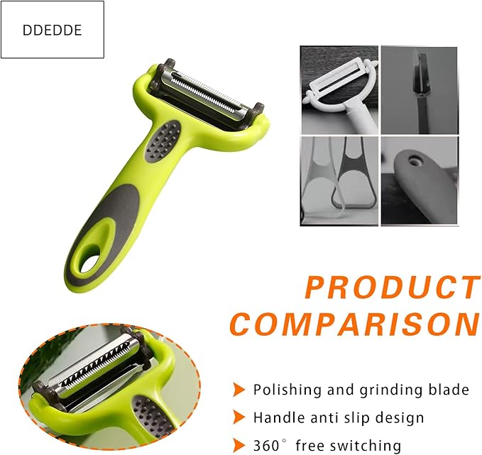 3-in-1 Rotary Vegetable Peeler with 3 Blades - Multi-Function Stainless Steel Peeler & Julienne Slicer - Ergonomic Non-Slip Grip Handle for Potato, Carrot, Fruit, Tomato, Kitchen Gadgets (Thin Green)