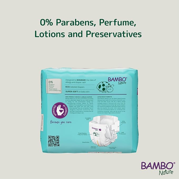 Bambo Nature Hypoallergenic Baby Diapers, Eco-Labeled Diapers, Enhanced Leakage Protection, Totally Chlorine-Free, Skin Friendly, and Super Absorbent - Size 2 (180 Count)