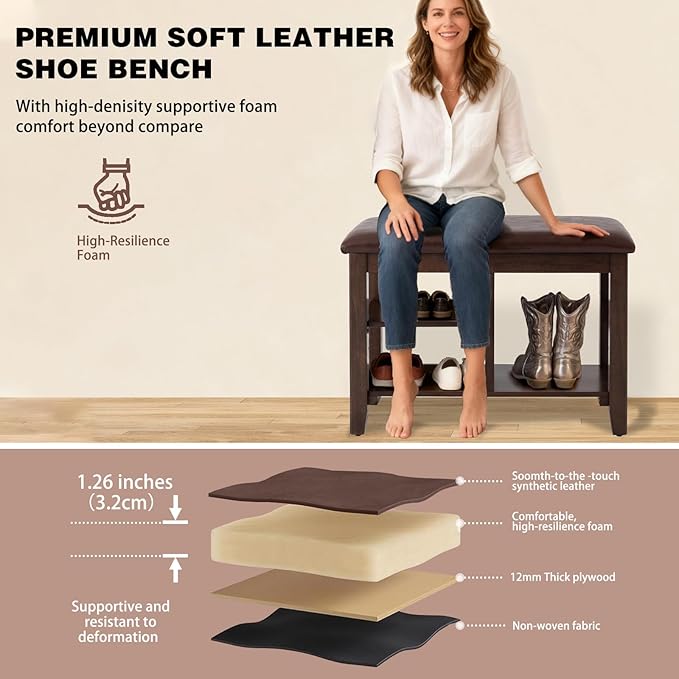 PY HOME & SPORTS Shoe Rack for Entryway 23.6": 2-Tier Shoe Storage Bench, Adjustable/Removable Shelves, Rubberwood Shoe Benches for Hallway, Porch, Bathroom, Brown