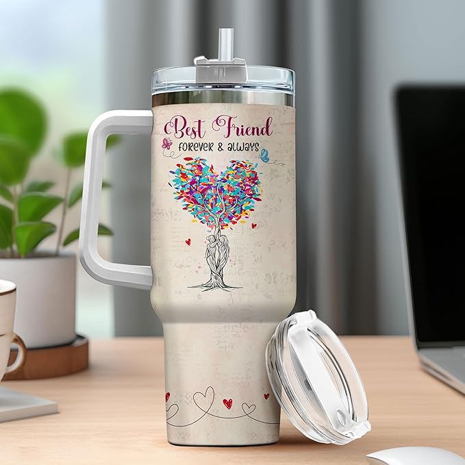 Tumbler 40 Oz With Handle Lid And Straw, Butterfly Funny Handle For Steel Stainless Coffee Women Yellow Heart Tumblers Cups Friends, Best Friend Tree Colorful