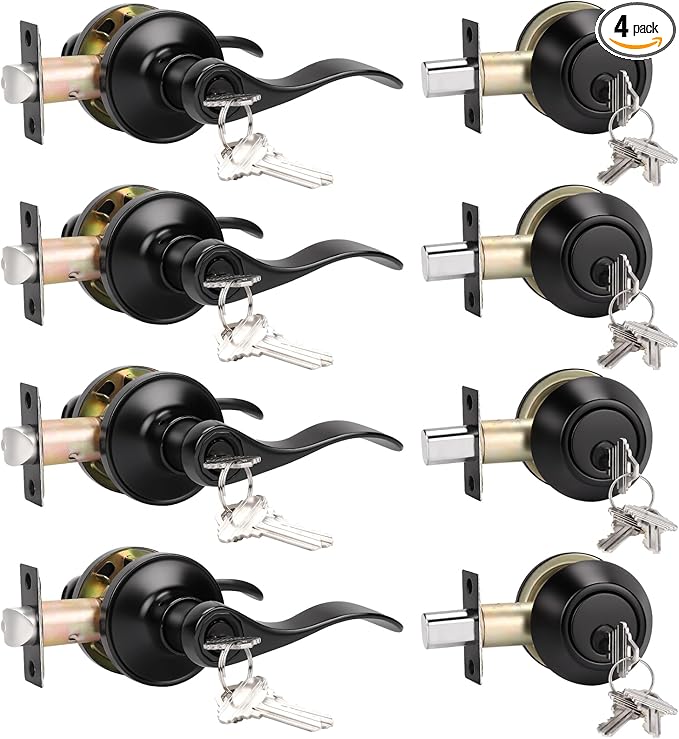 KNOBWELL 4 Pack Keyed Alike Door Lever Handle with Single Cylinder Deadbolt, Matte Black Exterior Doorknob Handleset with Deadbolt, Keyed Entry Front Door Entry Lever Lockset