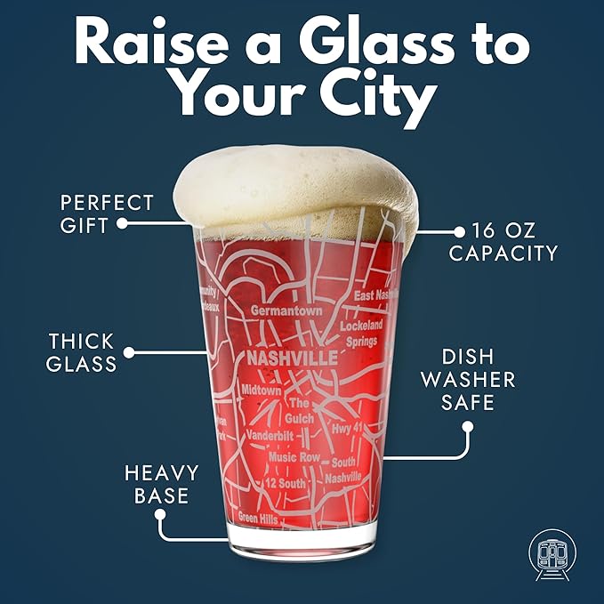 Greenline Goods – Nashville, TN Map Pint Beer Glasses (Set of 2), 16 oz – Etched Wrap Design