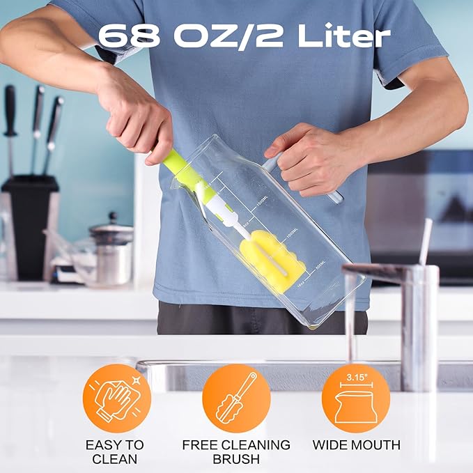 Aofmee 68oz Glass Pitcher for Fridge, 2 Liter Square Water Pitcher with Lid and Handle, Heat Resistant Tea Pitchers, Borosilicate Glass Carafe with Scale Line for Hot/Cold Beverage
